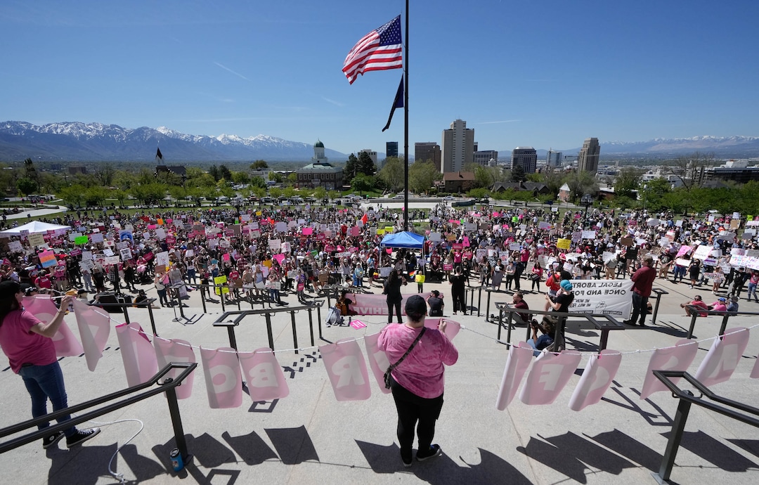 (Francisco Kjolseth | The Salt Lake Tribune) About 2,500 protesters gather at the Utah Capitol for a “Bans Off Our Beehive” rally in support of abortion rights on Saturday, May 14, 2022.
