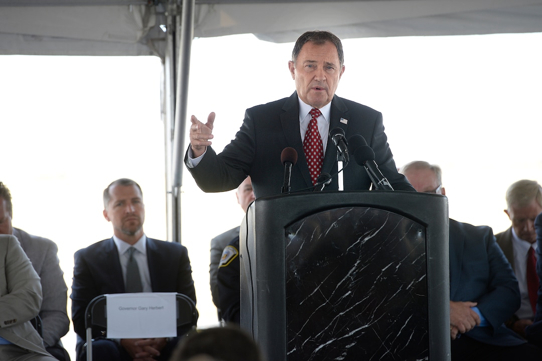 (Scott Sommerdorf   |  The Salt Lake Tribune)    Utah Governor Gary Herbert speaks at the groundbreaking ceremony for the new prison, Wednesday, August 16, 2017. 