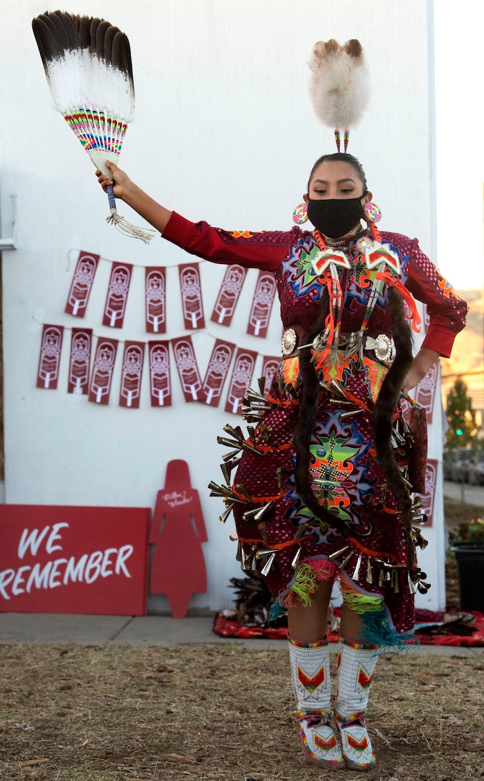 (Rick Egan  |  The Salt Lake Tribune)    
Shelly Etsitty does a jingle dance at the Indigenous Peoples Day celebration, on Monday, Oct. 12, 2020.

Shelly Etsitty does a jingle dance