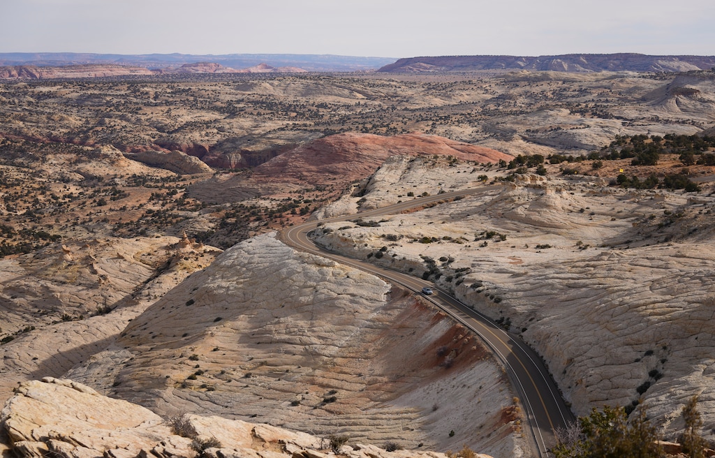 (Bethany Baker  |  The Salt Lake Tribune) A vehicle drives along Utah Scenic Byway 12 in Grand Staircase-Escalante National Monument near Escalante on Tuesday, Dec. 17, 2024.