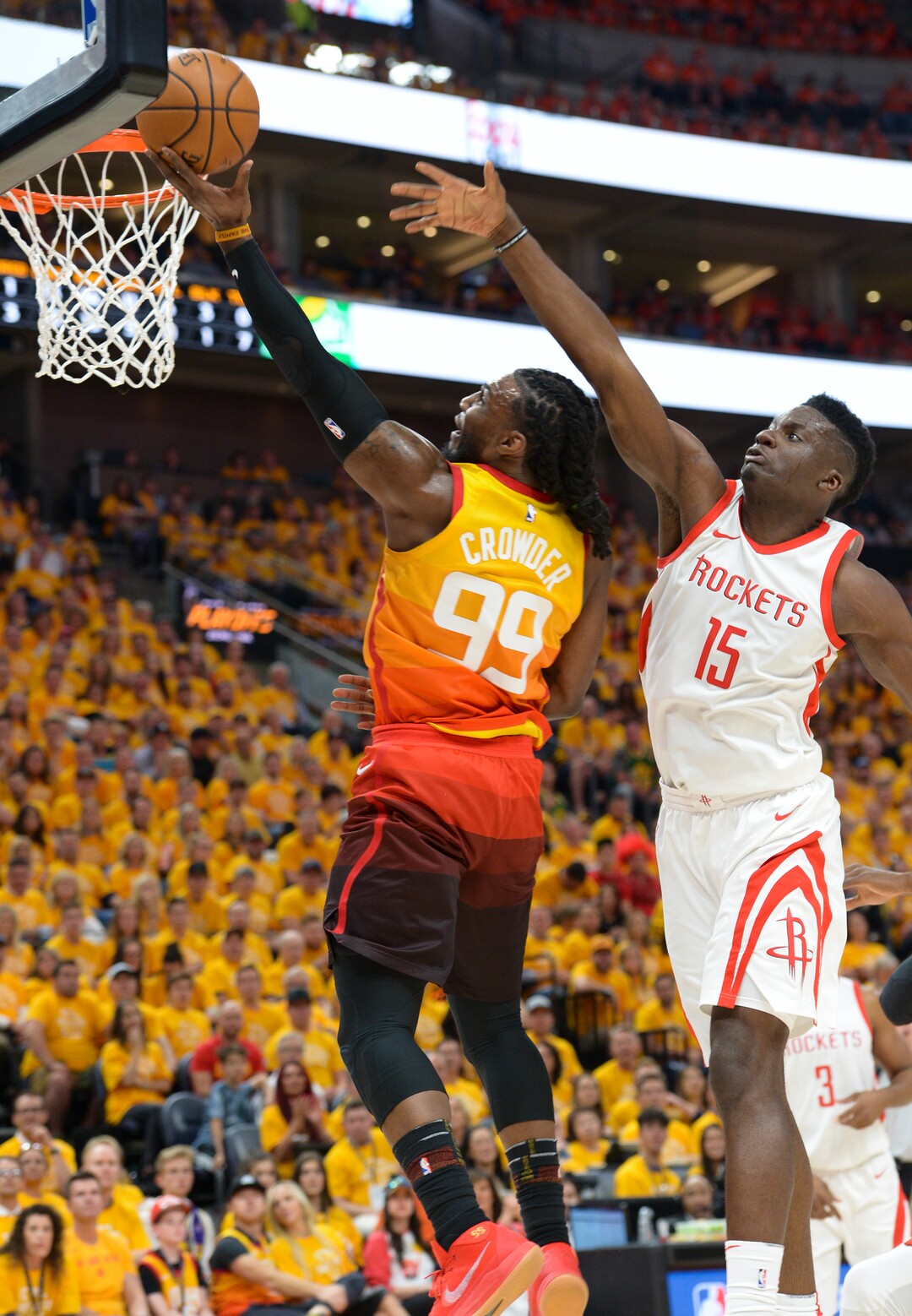 (Leah Hogsten  |  The Salt Lake Tribune) Utah Jazz forward Jae Crowder (99) fights past Houston Rockets center Clint Capela (15) as the Utah Jazz take on the Houston Rockets in Game 3 of an NBA basketball second-round playoff series Friday, May 4, 2018 in Salt Lake City.
