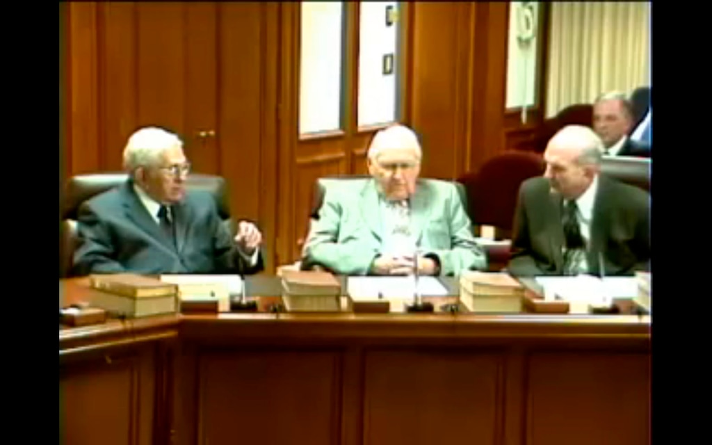 (Courtesy photo) A screen shot from a leaked video shows then-apostles Boyd K. Packer, left, L. Tom Perry and Russell M. Nelson discussing science and morality.