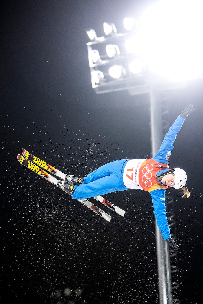 (Chris Detrick  |  The Salt Lake Tribune)  USA Madison Olsen competes during the Ladies' Aerials Qualification at Phoenix Park during the Pyeongchang 2018 Winter Olympics Thursday, Feb. 15, 2018. Olsen's highest score was 87.88, advancing to the finals. 
