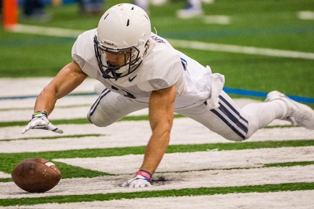 (Trent Nelson | The Salt Lake Tribune)  BYU football practice in Provo, Friday March 23, 2018. Isaiah Armstrong picks up a fumble in the end zone.