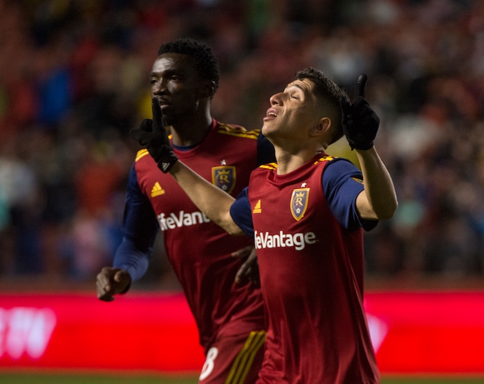 (Rick Egan  |  The Salt Lake Tribune)      Real Salt Lake forward Jefferson Savarino (7) celebrates after scoring a goal, in MLS action between Real Salt Lake and Vancouver Whitecaps, at Rio Tinto Stadium beSaturday, April 7, 2018.


