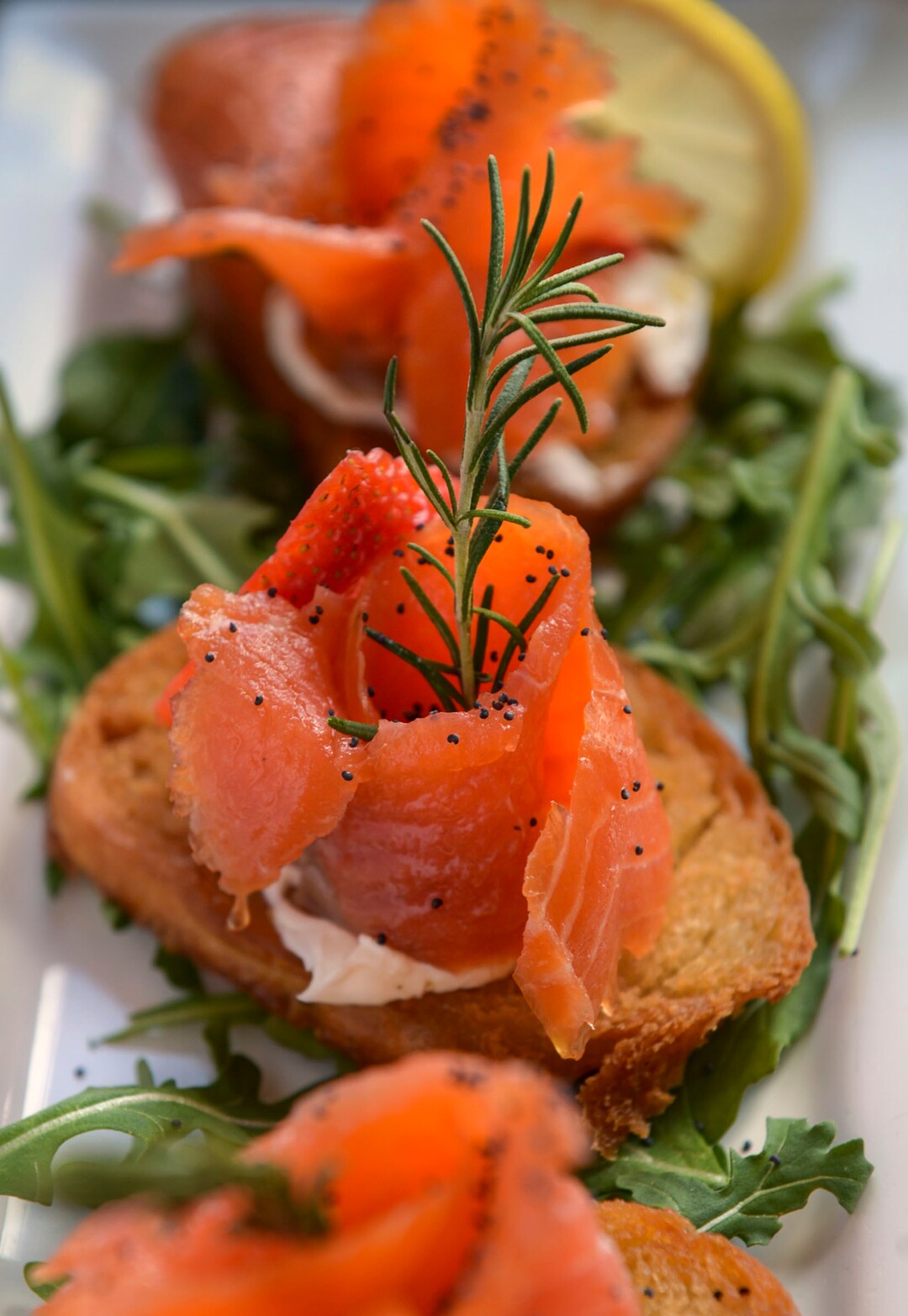 (Leah Hogsten  |  The Salt Lake Tribune) Roselline di Salmone with smoked salmon, cream cheese, bread rucola and strawberries, $15 at Osteria Amore, serving traditional flavors of Italy with a modern spin, Jan. 10, 2020.
