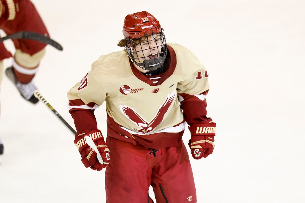 (Greg M. Cooper | AP) Boston College forward James Hagens (10) reacts after scoring a goal during the third period of an NCAA hockey regionals game against Bentley on Friday, March 28, 2025, in Manchester, N.H. Boston College won 3-1.