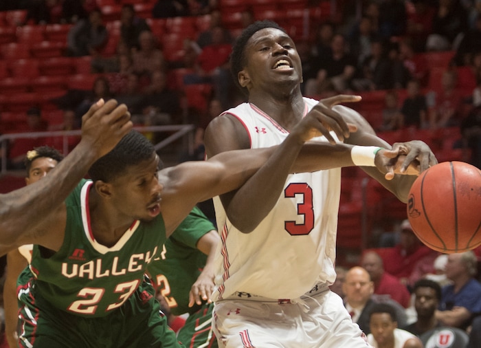 (Rick Egan  |  The Salt Lake Tribune)   Mississippi Valley State Delta Devils forward LaCurtis Allen (23) knocks the ball out of the hands of Utah Utes forward Donnie Tillman (3), in basketball action Utah Utes vs. Mississippi Valley State Delta Devils, at the Jon M. Huntsman Center,  Monday, November 13, 2017.