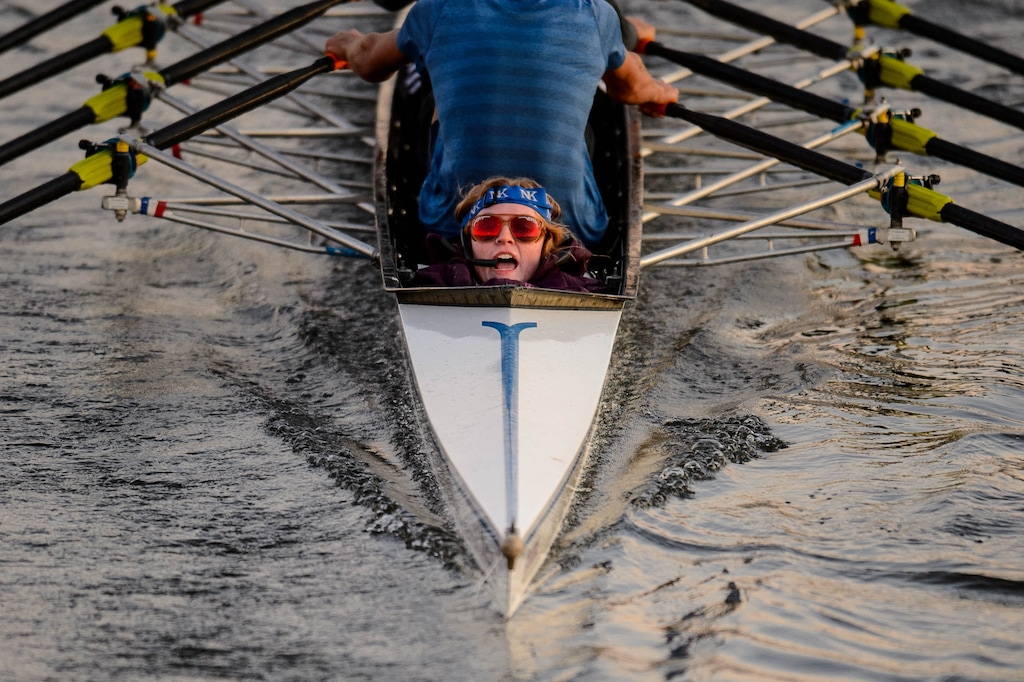 (Trent Nelson  |  The Salt Lake Tribune)Coxswain Emma Goldsmith steers a boat during a Utah Crew workout on the Jordan River in Salt Lake City on Monday Nov. 4, 2019.