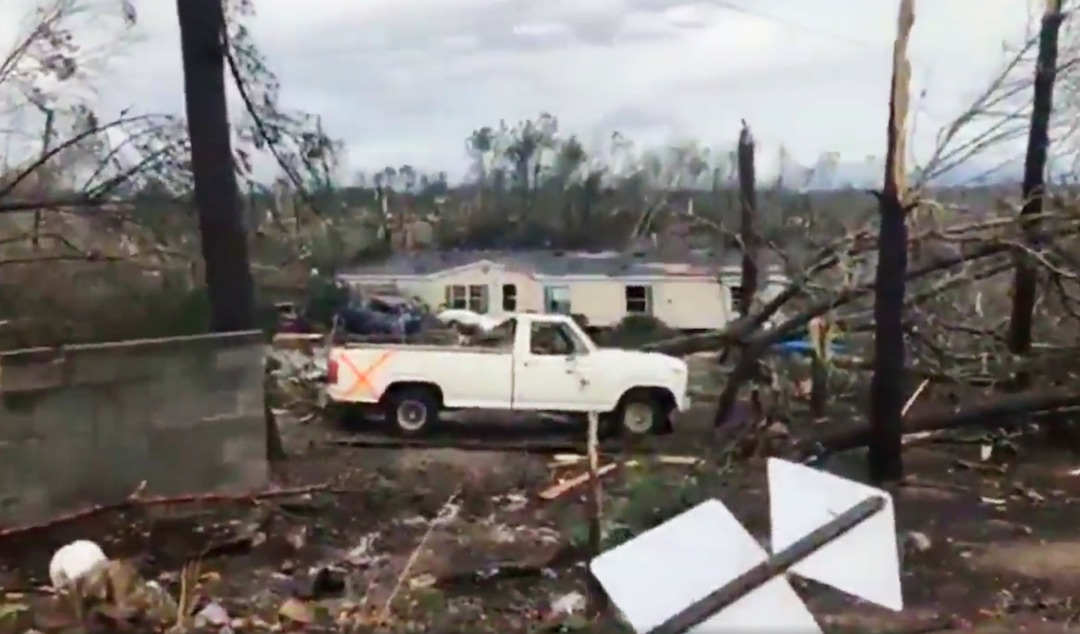 This photo shows debris in Lee County, Ala., after what appeared to be a tornado struck in the area Sunday, March 3, 2019. Severe storms destroyed mobile homes, snapped trees and left a trail of destruction amid weather warnings extending into Georgia, Florida and South Carolina, authorities said. (WKRG-TV via AP)