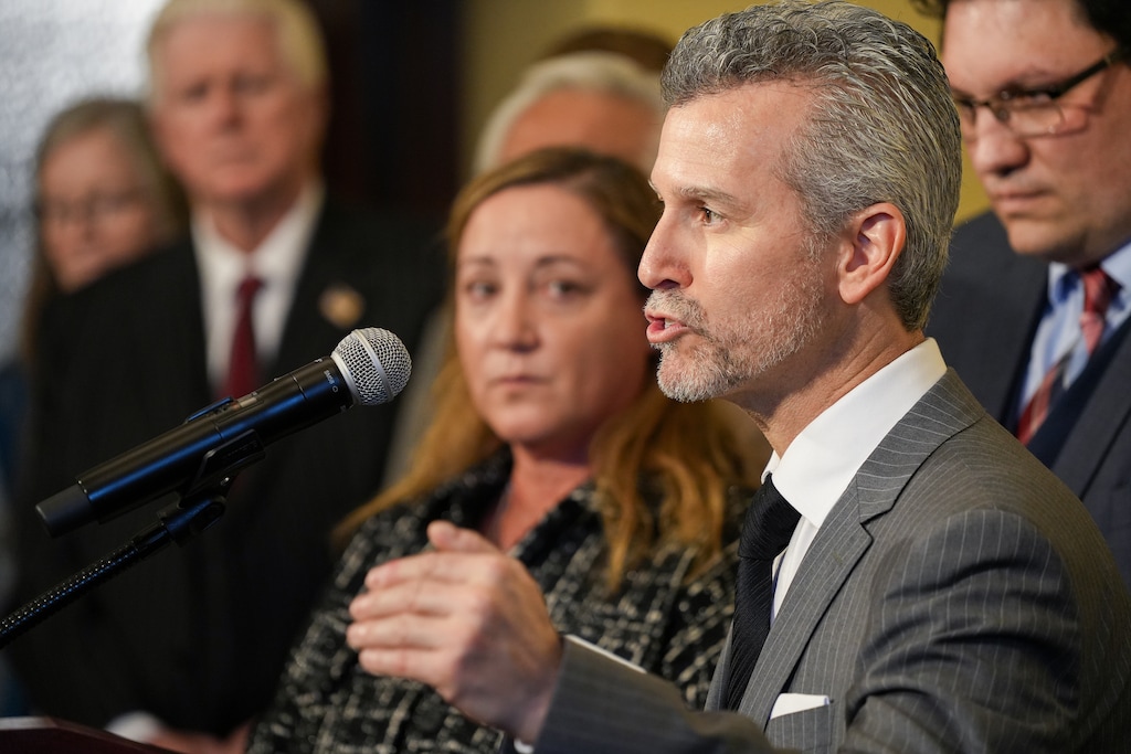 (Chris Samuels | The Salt Lake Tribune) Max Schachter, a parent of a child who was killed during a school shooting in Parkland, Fla., gives remarks during a school safety task force news conference at the Capitol in Salt Lake City, Tuesday, Feb. 20, 2024.