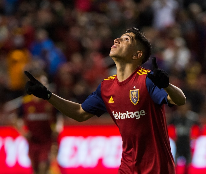 (Rick Egan  |  The Salt Lake Tribune)      Real Salt Lake forward Jefferson Savarino (7) celebrates after scoring a goal, in MLS action between Real Salt Lake and Vancouver Whitecaps, at Rio Tinto Stadium beSaturday, April 7, 2018.


