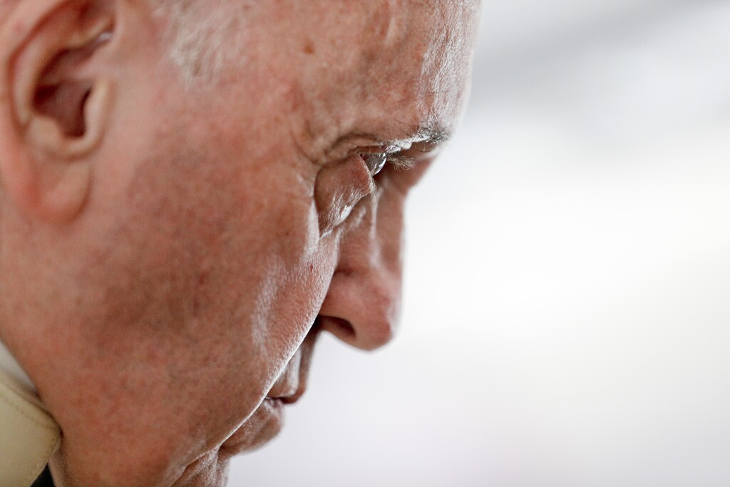 (AP Photo/Andrew Medichini, Pool) Pope Francis talks to reporters during a news conference he held on an aircraft taking him back from Sibiu, Romania, to Rome, Sunday, June 2, 2019.