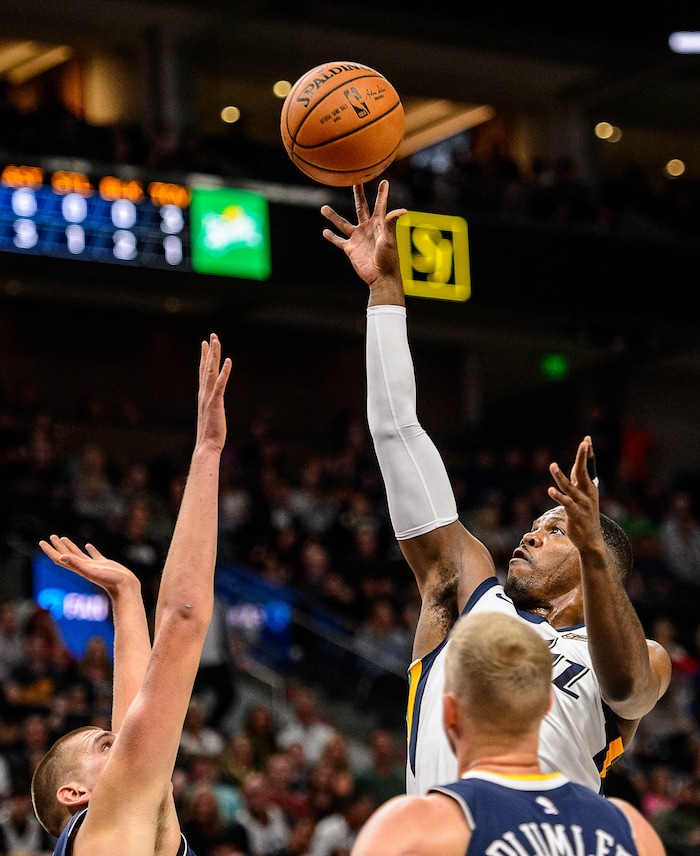 (Trent Nelson | The Salt Lake Tribune)  Utah Jazz guard Joe Johnson (6) shoots as the Utah Jazz host the Denver Nuggets, NBA basketball in Salt Lake City, Wednesday October 18, 2017.