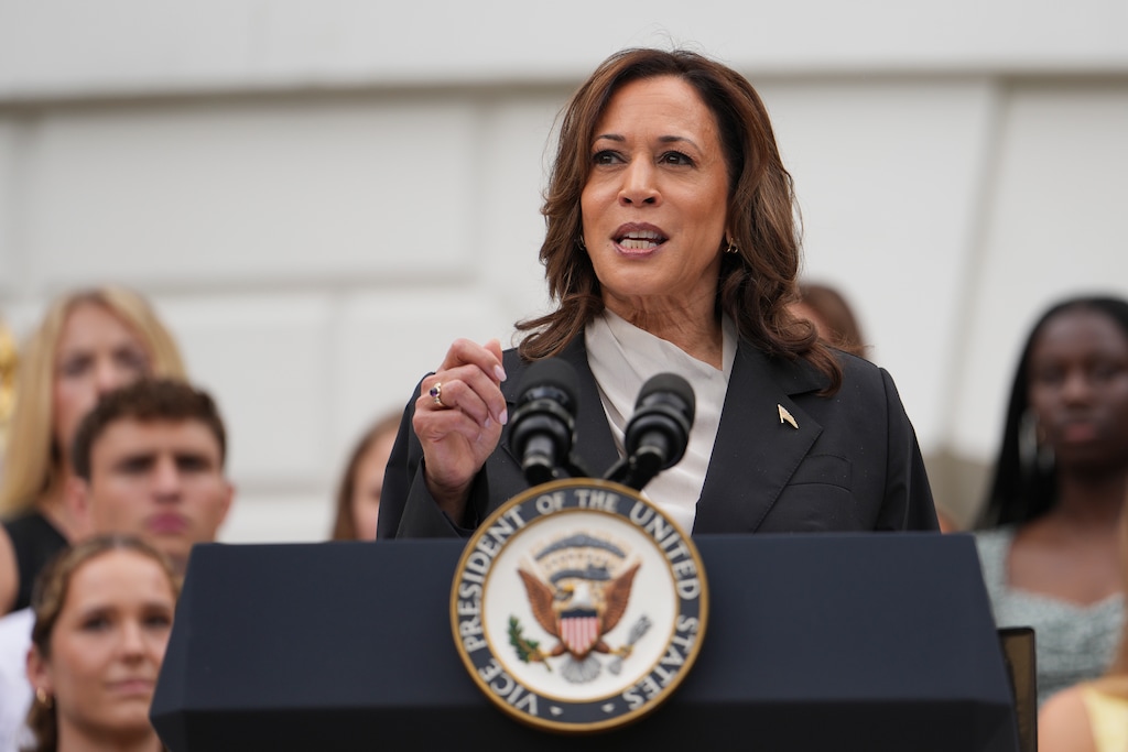 (Erin Schaff | The New York Times) Vice President Kamala Harris speaks at an event for NCAA champions on the South Lawn of the White House in Washington, on Monday, July 22, 2024.