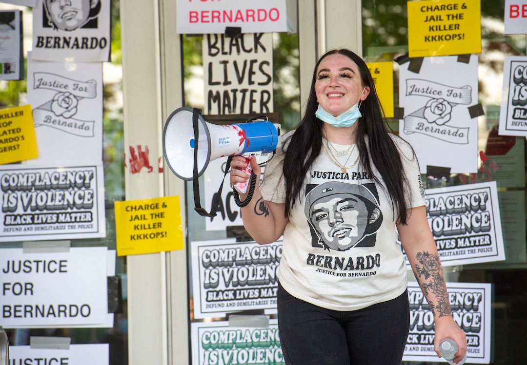 (Rick Egan  |  The Salt Lake Tribune)    Sofia Alcala speaks to the crowd, during a Justice for Bernardo demonstration, in Salt Lake City, Tuesday, July 7, 2020.