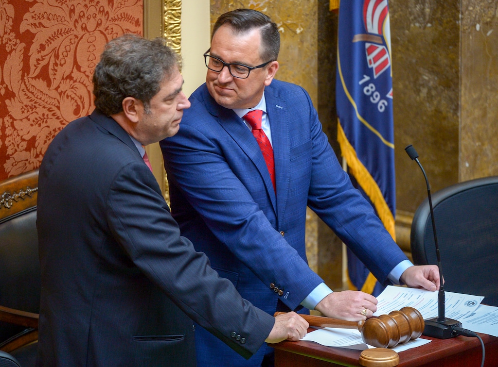 (Leah Hogsten | Tribune file photo) Rep. Brian King, D-Salt Lake City, (left) talks with House Speaker Greg Hughes, R-Draper (right) prior to a special session on Monday, Dec. 2, 2018. During the special session, lawmakers overhauled the Utah Medical Cannabis Act's medical cannabis distribution system, reduces the number of medical marijuana outlets, prohibits edibles for gelatin cubes instead and changes the list of illnesses that qualify for cannabis treatments.