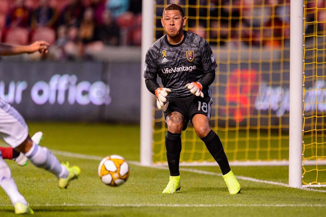 (Trent Nelson  |  The Salt Lake Tribune)  Real Salt Lake goalkeeper Nick Rimando (18) makes a save as Real Salt Lake hosts the San Jose Earthquakes, MLS soccer at Rio Tinto Stadium in Sandy on Wednesday Sept. 11, 2019.