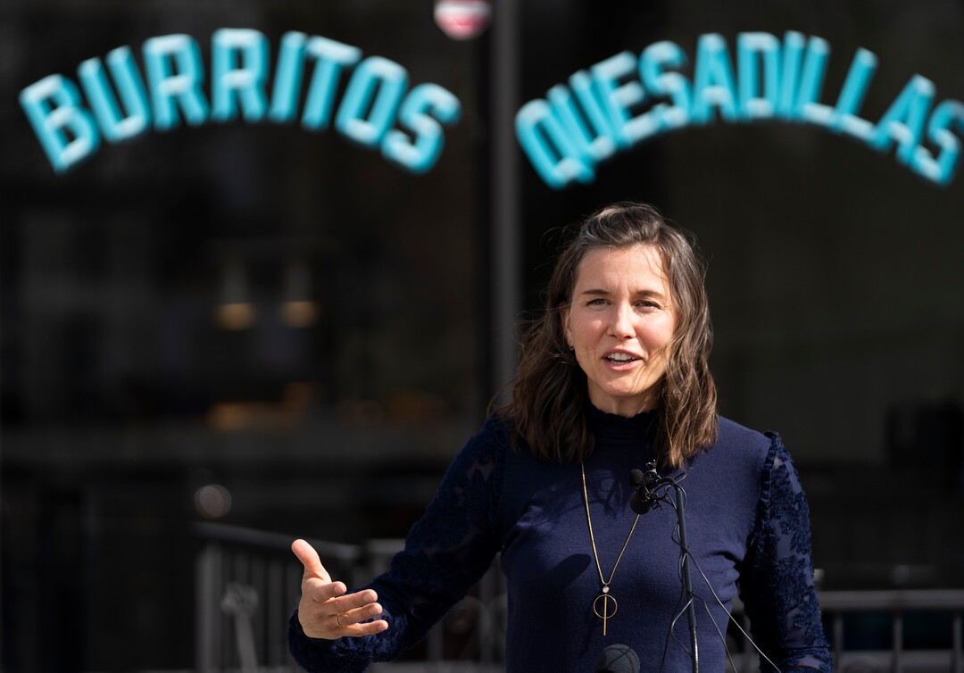 (Rick Egan | The Salt Lake Tribune) Salt Lake City Mayor Erin Mendenhall  encourages citizens to keep wearing masks, after the state mask mandate ends, during a news conference in front of  Santo Taco shop, Friday, March 19, 2021.