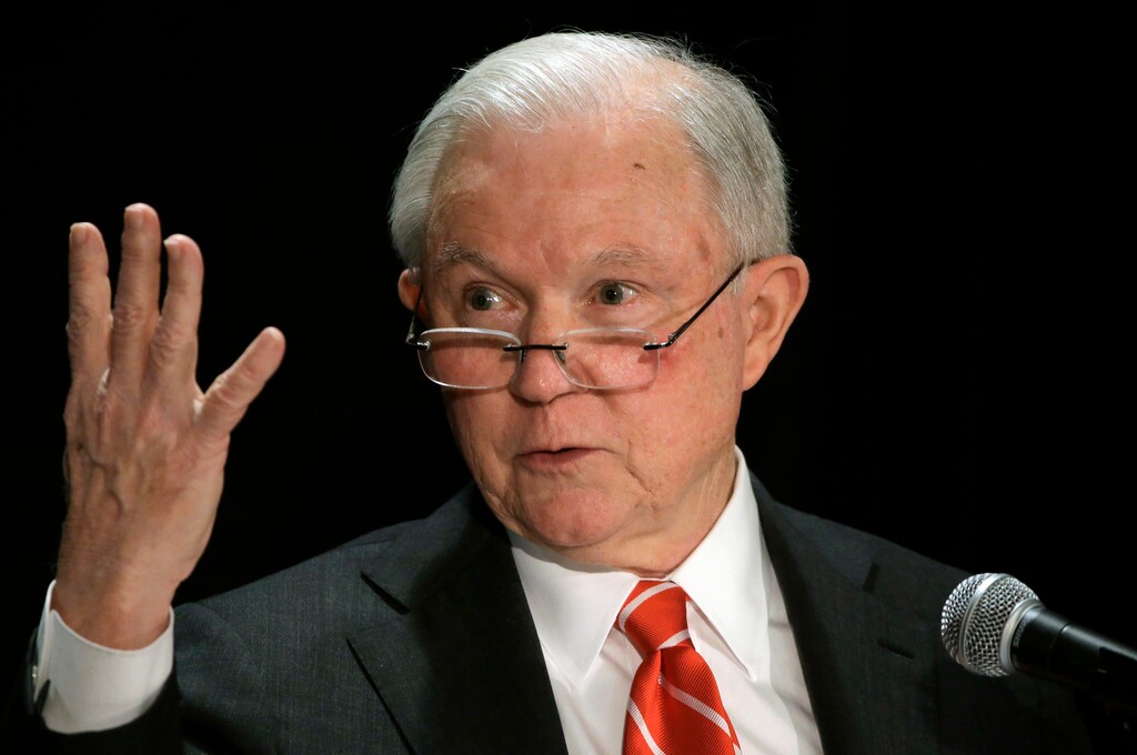 (AP Photo/Steven Senne) Attorney General Jeff Sessions speaks at a luncheon event organized by the Boston Lawyers Chapter of the Federalist Society, Monday, Oct. 29, 2018, at a hotel in Boston. Sessions spoke about religious liberty during his remarks.