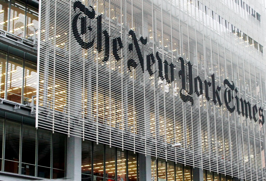 This Wednesday, Oct. 10, 2012 photo shows the New York Times building in New York.  (AP Photo/Richard Drew)