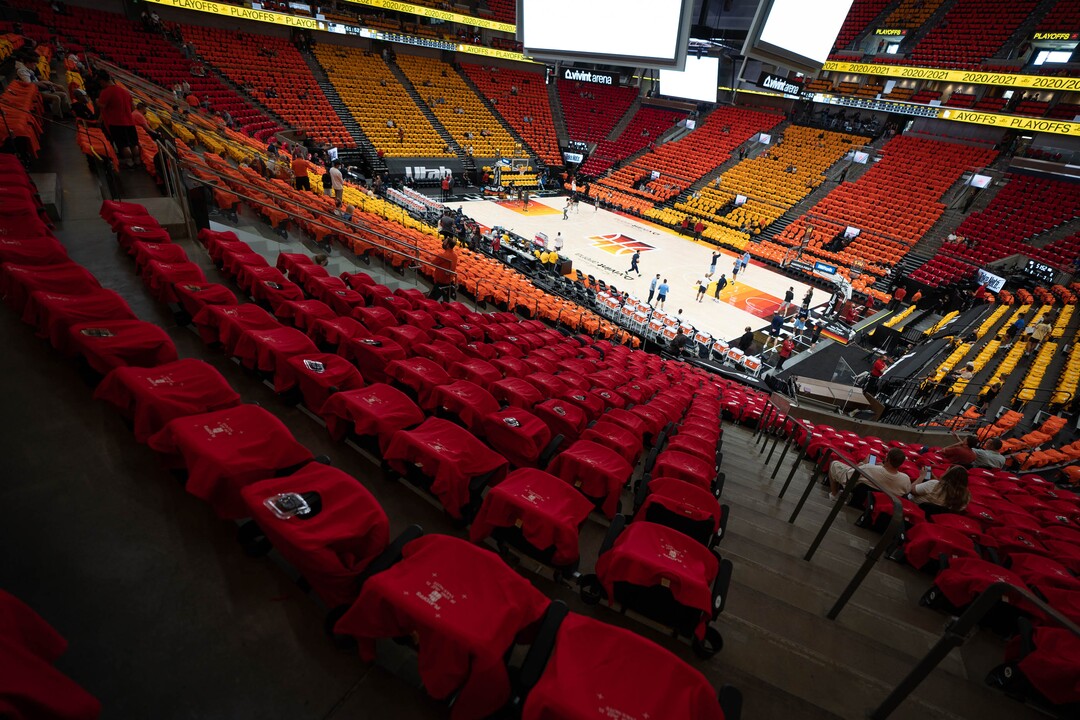 (Francisco Kjolseth | The Salt Lake Tribune) Team T-shirt colors are stretched over seats before the start of Game 5 of an NBA basketball first-round playoff series Wednesday, June 2, 2021, in Salt Lake City, UT, as they take on the Memphis Grizzlies.