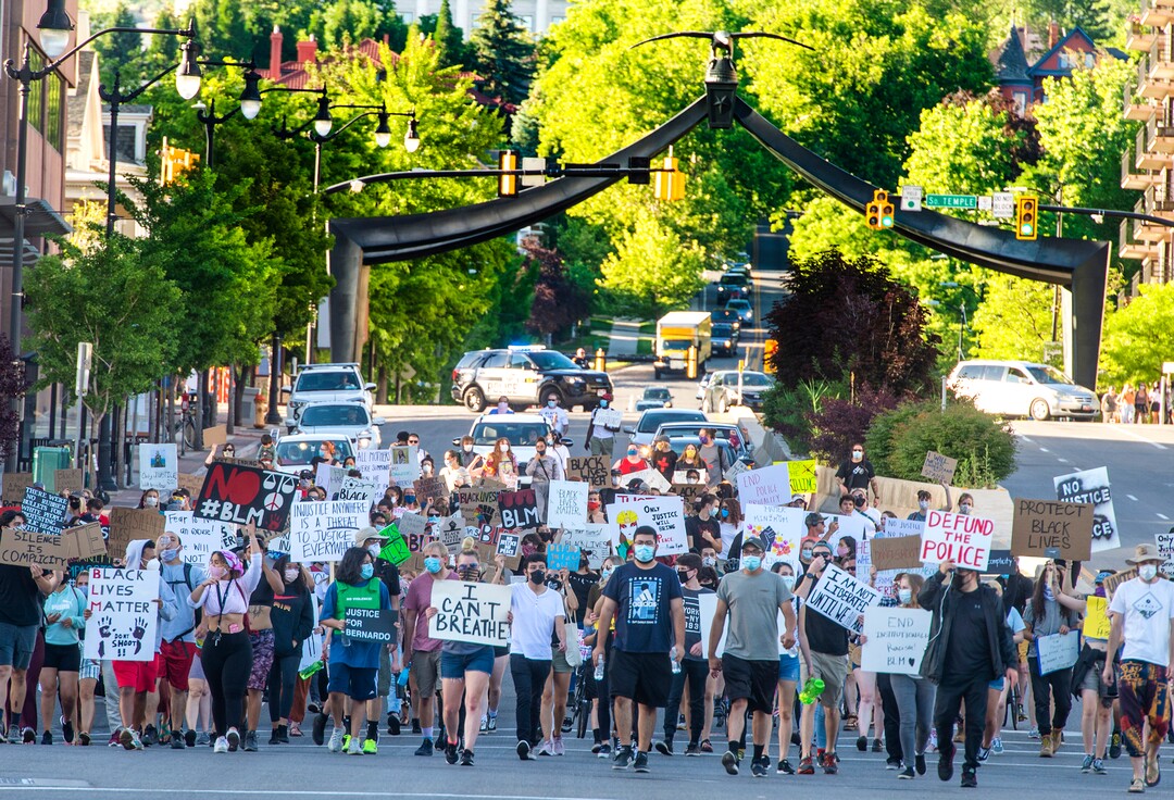 (Rick Egan  |  The Salt Lake Tribune)     Protesters walk down State Street from the State Capitol, Wednesday, June 10, 2020.