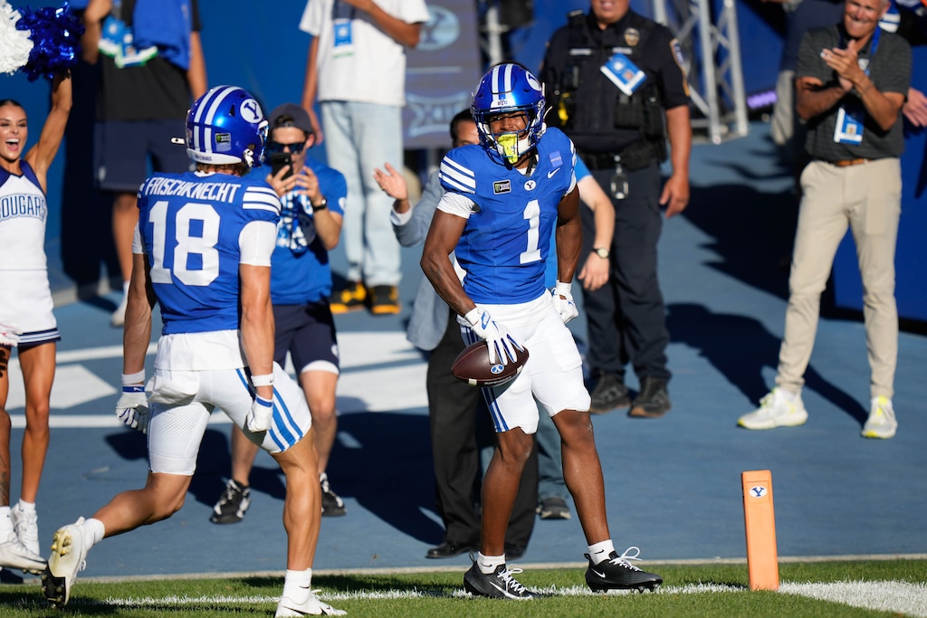 (Francisco Kjolseth | The Salt Lake Tribune) BYU Cougars wide receiver Legend Glasker (1) celebrates the first touchdown of the game in their NCAA college football game against Utah Tech, Saturday, Sept. 5, 2026, at LaVell Edwards Stadium in Provo.