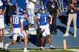 (Francisco Kjolseth | The Salt Lake Tribune) BYU Cougars wide receiver Legend Glasker (1) celebrates the first touchdown of the game in their NCAA college football game against Utah Tech, Saturday, Sept. 5, 2026, at LaVell Edwards Stadium in Provo.