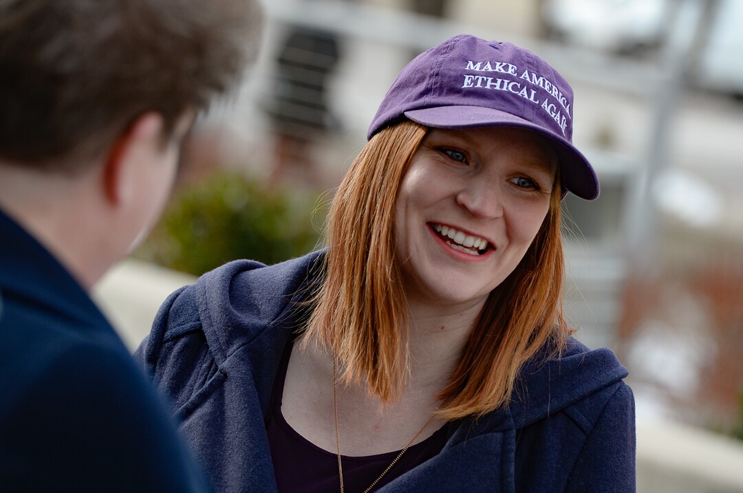 (Francisco Kjolseth  |  The Salt Lake Tribune) Veronika Tait wears a "Make America Ethical Again" hat as she joins a coalition of Republicans, Democrats and independents asking for a fair impeachment trial in the Senate as they gather for a news conference in front of Sen. Mitt Romney's office at the Wallace F. Bennett Federal building in Salt Lake City on Thursday, Jan. 16, 2020.