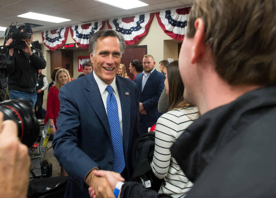 (Rick Egan  |  The Salt Lake Tribune)   Mitt Romney shakes hands with supporters at the Romney Headquarters, in Orem, as they wait for the polls to close, on election night, Tuesday, Nov. 6, 2018.
