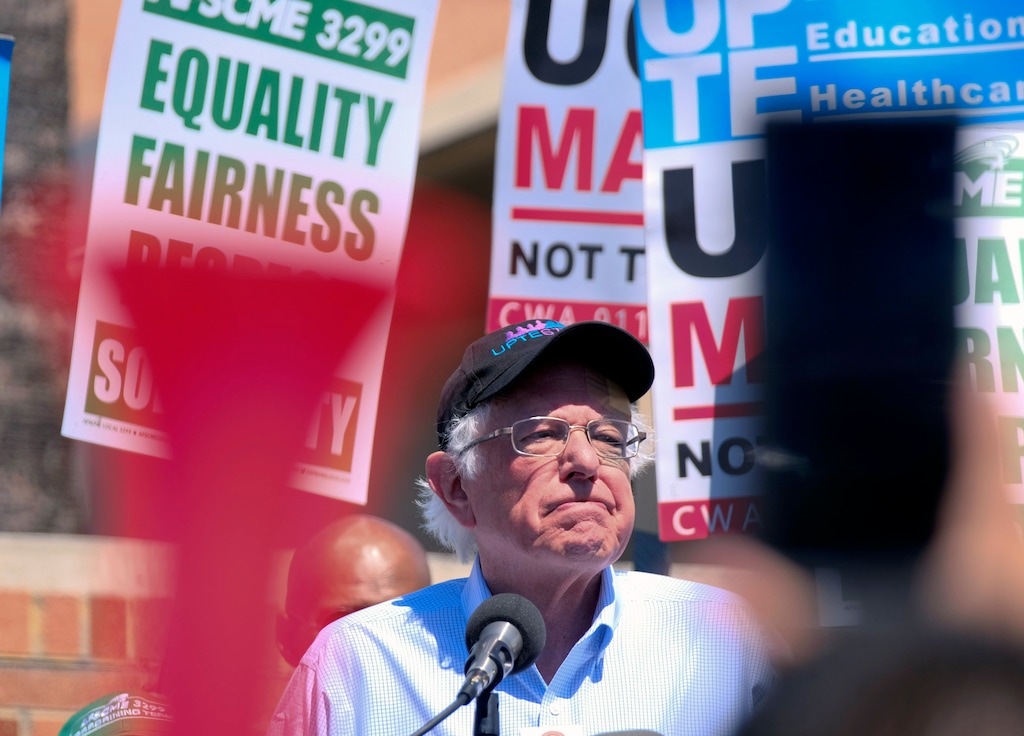 (Richard Vogel | AP file photo) Vermont Sen. Bernie Sanders talks to striking workers at a rally at the University of California Los Angeles on March 20, 2019.