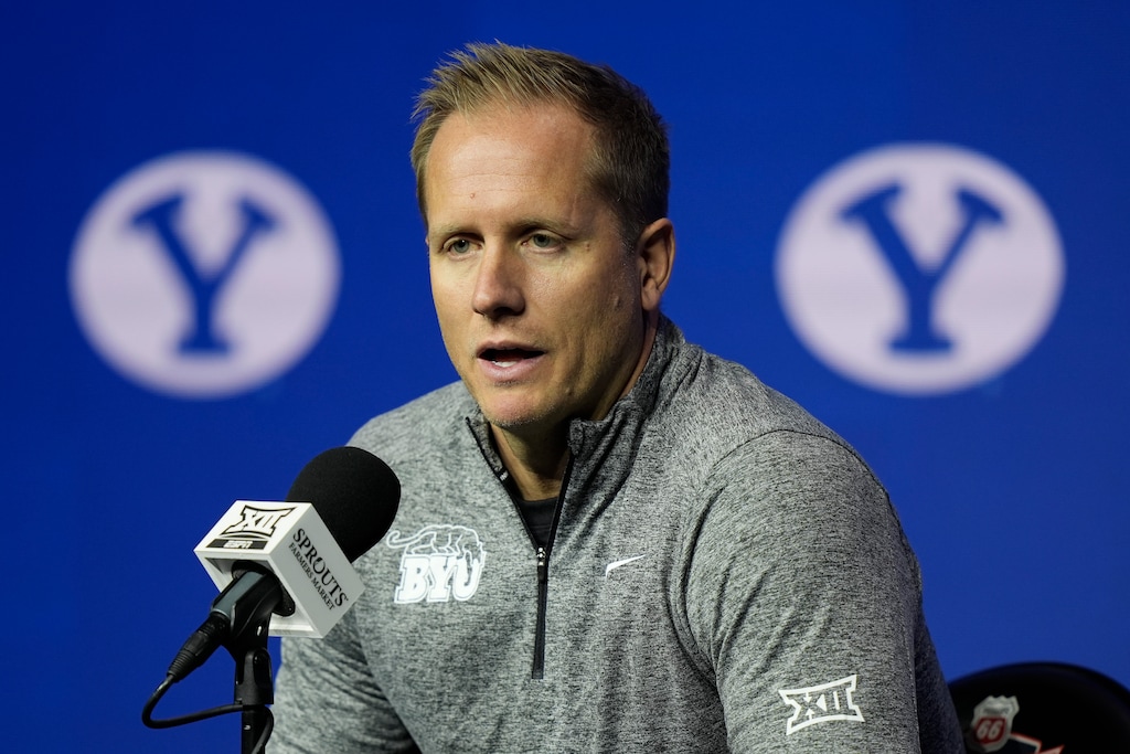 (Charlie Riedel | AP) BYU head coach Kevin Young addresses the media during the NCAA college Big 12 men's basketball media day, Wednesday, Oct. 23, 2024, in Kansas City, Mo.