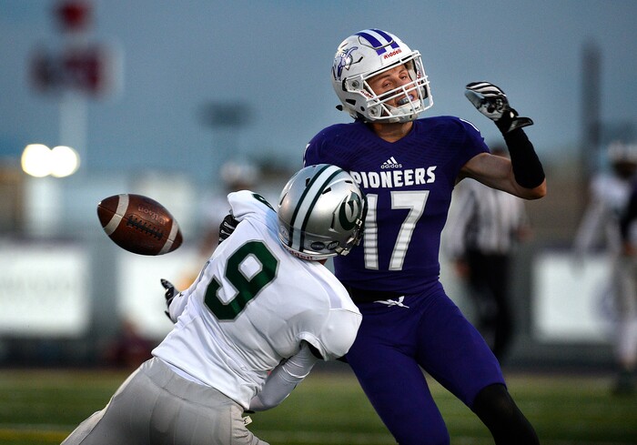 (Scott Sommerdorf   |  The Salt Lake Tribune)   Lehi WR Jaxson Harward, and Olympus DB Nick Ward get tangled up on this first half pass play. Lehi led Olympus 26-0 late in the second half, Friday, September 22, 2017.
