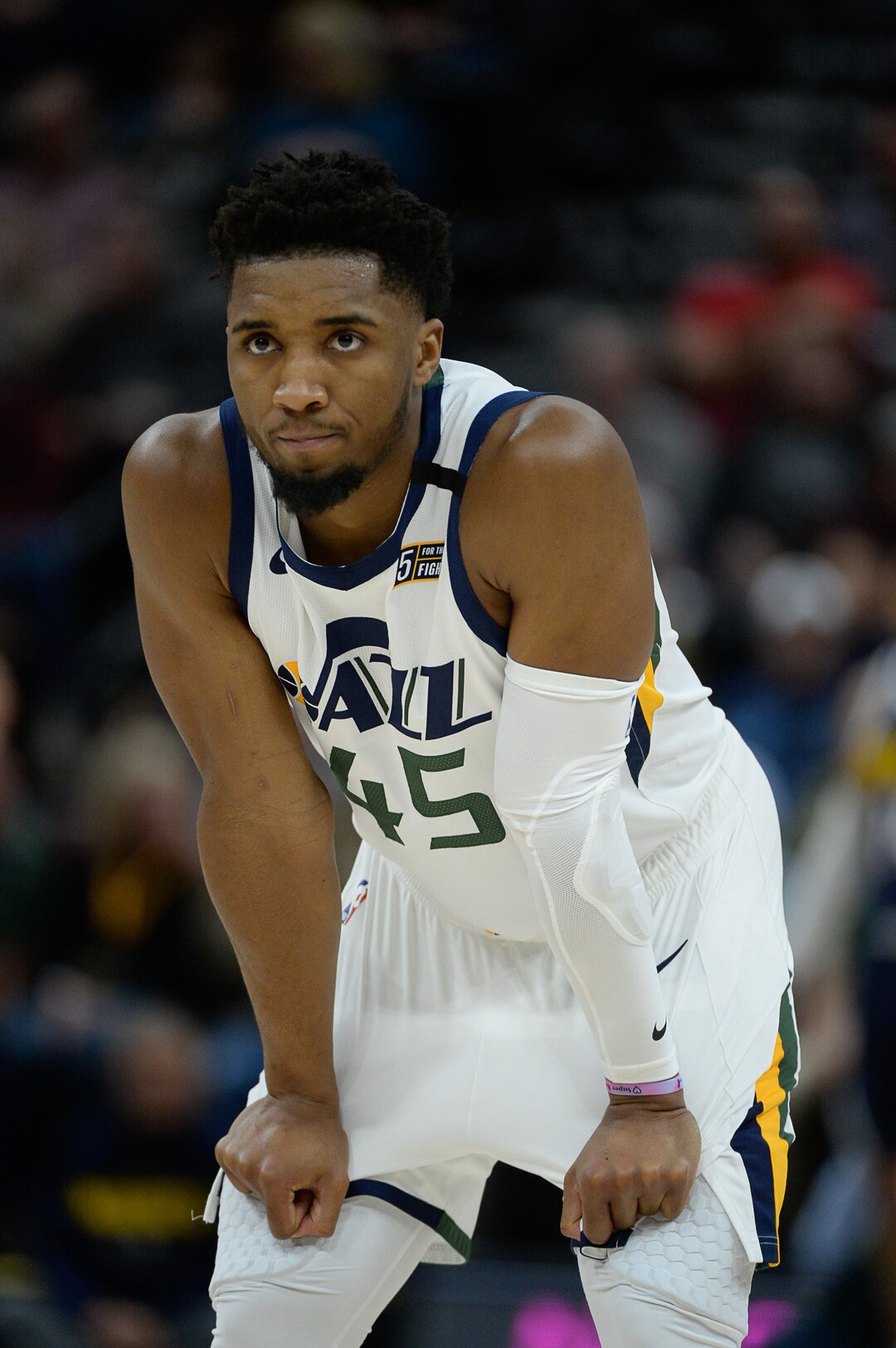 (Francisco Kjolseth  |  The Salt Lake Tribune) Utah Jazz guard Donovan Mitchell (45) pauses in game action as the Utah Jazz host the Denver Nuggets in their NBA basketball game at Vivint Smart Home Arena in Salt Lake City on Wednesday, Feb. 5, 2020.