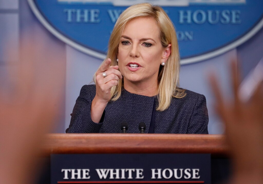 Homeland Security Secretary Kirstjen Nielsen speaks to the media during the daily briefing in the Brady Press Briefing Room of the White House, Monday, June 18, 2018. (AP Photo/Pablo Martinez Monsivais)