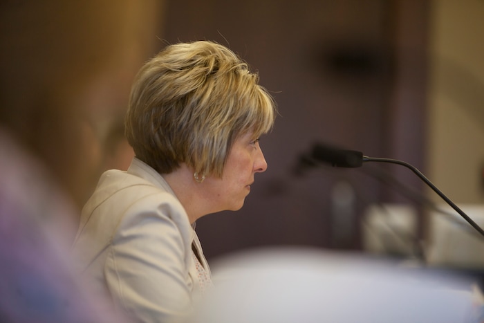 (Chris Caldwell  |  Pool Photo)  Deputy County Attorney Angela Adams during the detention hearing and the initial appearance for the 16-year-old boy accused of bringing a bomb to Pine View High School. Wednesday, March 28, 2018.