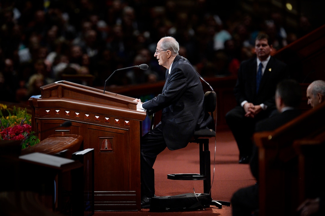 (Scott Sommerdorf  |  The Salt Lake Tribune)  Elder Robert D. Hales sits as he delivers his speech "Eternal Life" at the 184th Semiannual General Conference of the Church of Jesus Christ of Latter Day Saints, Sunday, October 5, 2014.