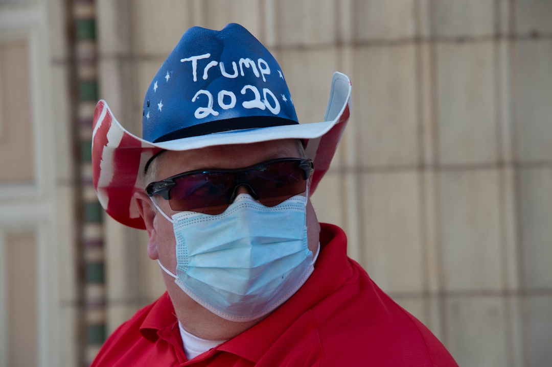 (Francisco Kjolseth  |  The Salt Lake Tribune) Rulon, who would only give his first name, joins other supporters of President Donald Trump to rally outside of Kingsbury Hall on the University of Utah campus in Salt Lake City on Wednesday, Oct. 7, 2020, before the vice presidential debate.