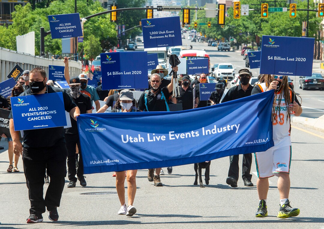 (Rick Egan  |  The Salt Lake Tribune)     Members of Utah Live Events Industry Association march to the State Capitol in a silent march to call attention to the state of their industry, on Tuesday, July 21, 2020.