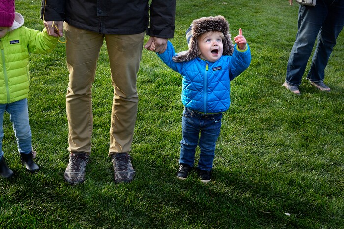 (Scott Sommerdorf | The Salt Lake Tribune)
Two year old Martin Clark points out a rising balloon as he watches the launches at the 4th annual Autumn Aloft Hot Air Balloon Festival in Park City, Sunday, September 17, 2017.