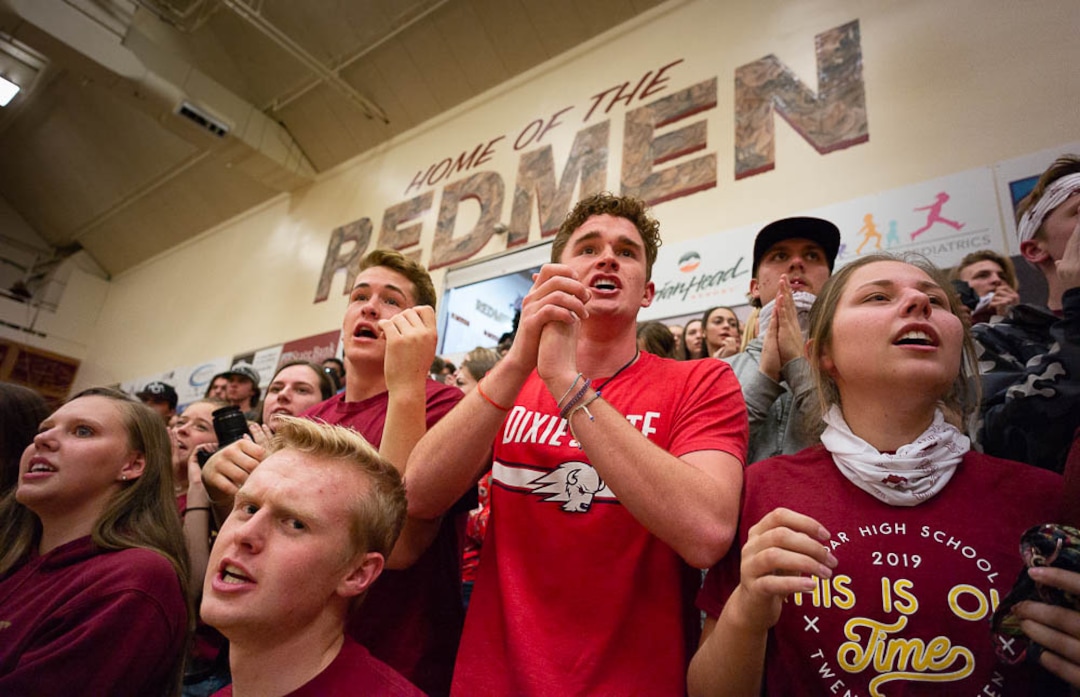 (Trent Nelson | The Salt Lake Tribune)  Cedar High School is considering a change in the name of its mascot, The Redmen, Friday Jan. 11, 2019. Students in the gym cheer on their team during a close basketball game against Canyon View.