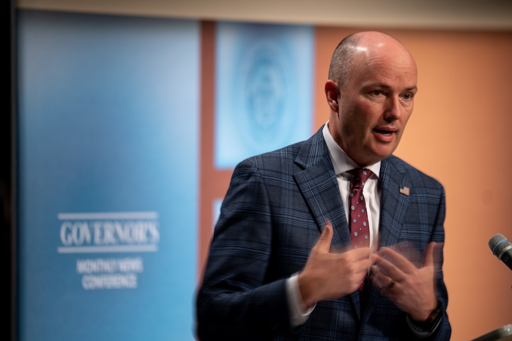 (Trent Nelson  |  The Salt Lake Tribune) Gov. Spencer Cox speaks at his monthly news conference in Salt Lake City on Thursday, March 19, 2026.