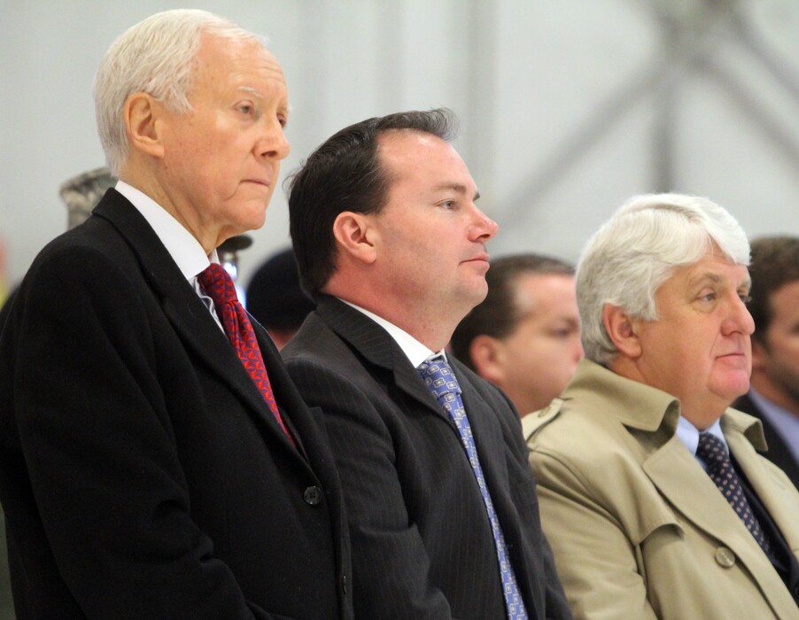 Rick Egan  | Tribune file photoIn this January 11, 2013, file photo, Senators Orrin Hatch, Mike Lee and Congressman Rob Bishop stand at attention during the change of command ceremony for  Col. Kathryn L. Kolbe  at Hill Air Force Base.