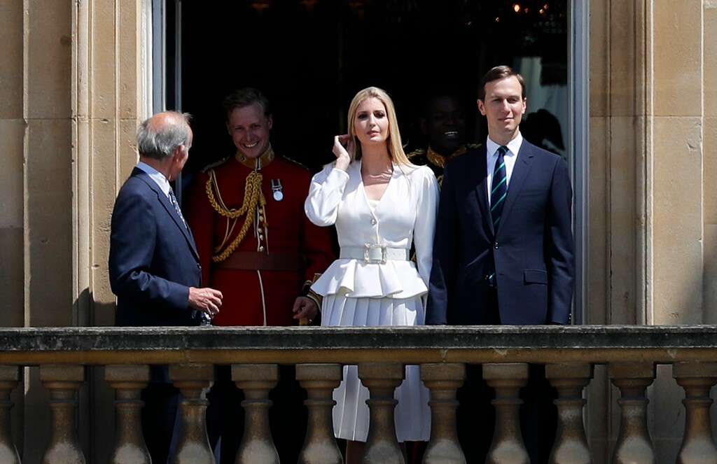 (Frank Augstein | AP file photo) Jared Kushner, right, and Ivanka Trump, second right, watch from a window before a ceremonial welcome in the garden of Buckingham Palace in London for President Donald Trump and first lady Melania Trump, June 3, 2019, on the opening day of a three-day state visit to Britain.