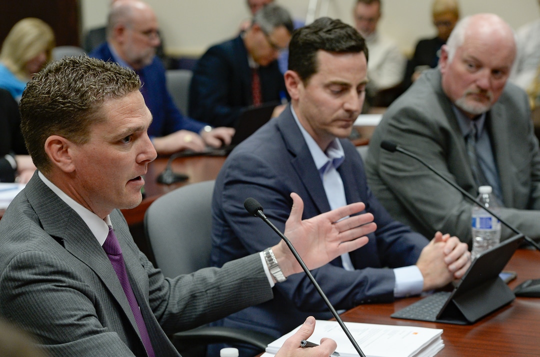 (Francisco Kjolseth  |  The Salt Lake Tribune) Mayor Pro Tem Jared Henderson of Herriman, Mayor Trent Staggs of Riverton and Mayor Derk Timothy of Bluffdale, from left, go before the Salt Lake County City Council on Tuesday, Jan. 28, 2020, to express their opposition to Olympia Hills, a high-density development proposed outside of Herriman.