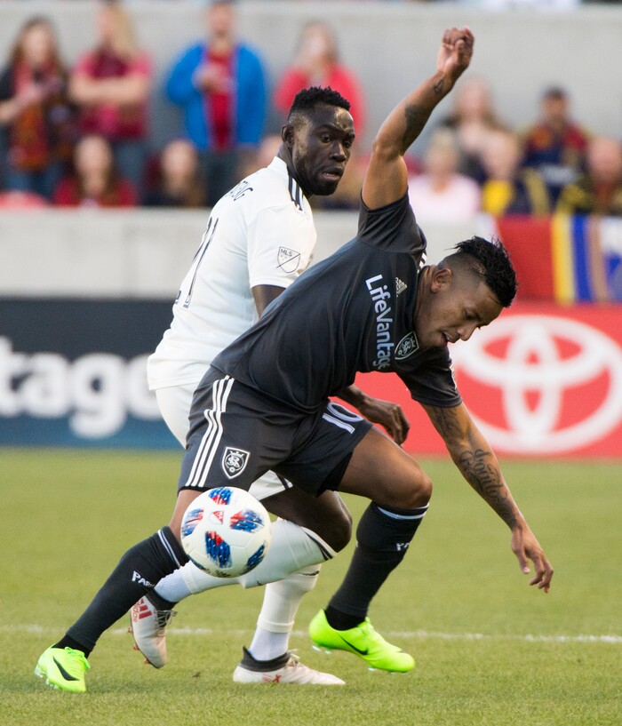 (Rick Egan  |  The Salt Lake Tribune)    Real Salt Lake forward Joao Plata (10) collides with Colorado Rapids defender Bismark Adjei-Boateng (21), as he goes for the ball, in MLS soccer action, RSL vs Colorado Rapids at Rio Tinto Stadium, Saturday, April 21, 2018.


