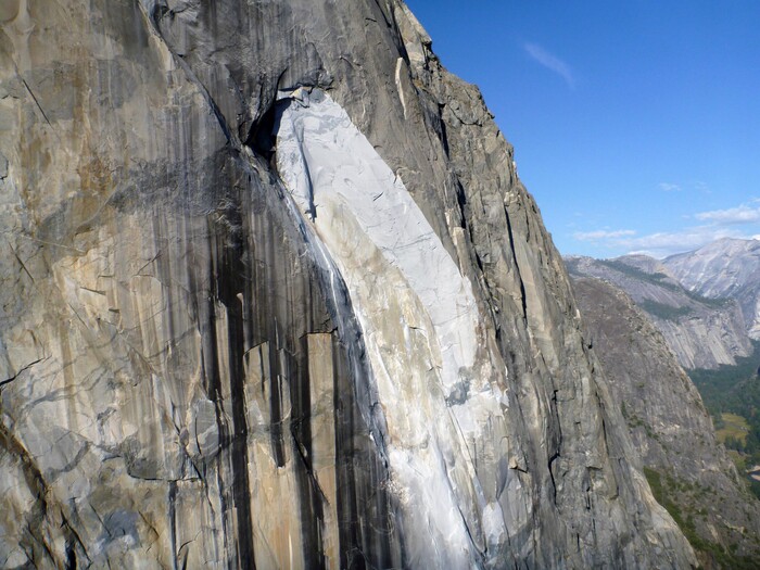 This Thursday, Sept. 28, 2017 photo provided by The National Park Service shows a rock fall off the iconic El Capitan rock formation in Yosemite National Park, Calif. A massive new rock fall hit Yosemite National Park on Thursday, cracking with a thundering roar off the iconic El Capitan rock formation and sending huge plumes of white dust surging through the valley floor below. (The National Park Service via AP)
