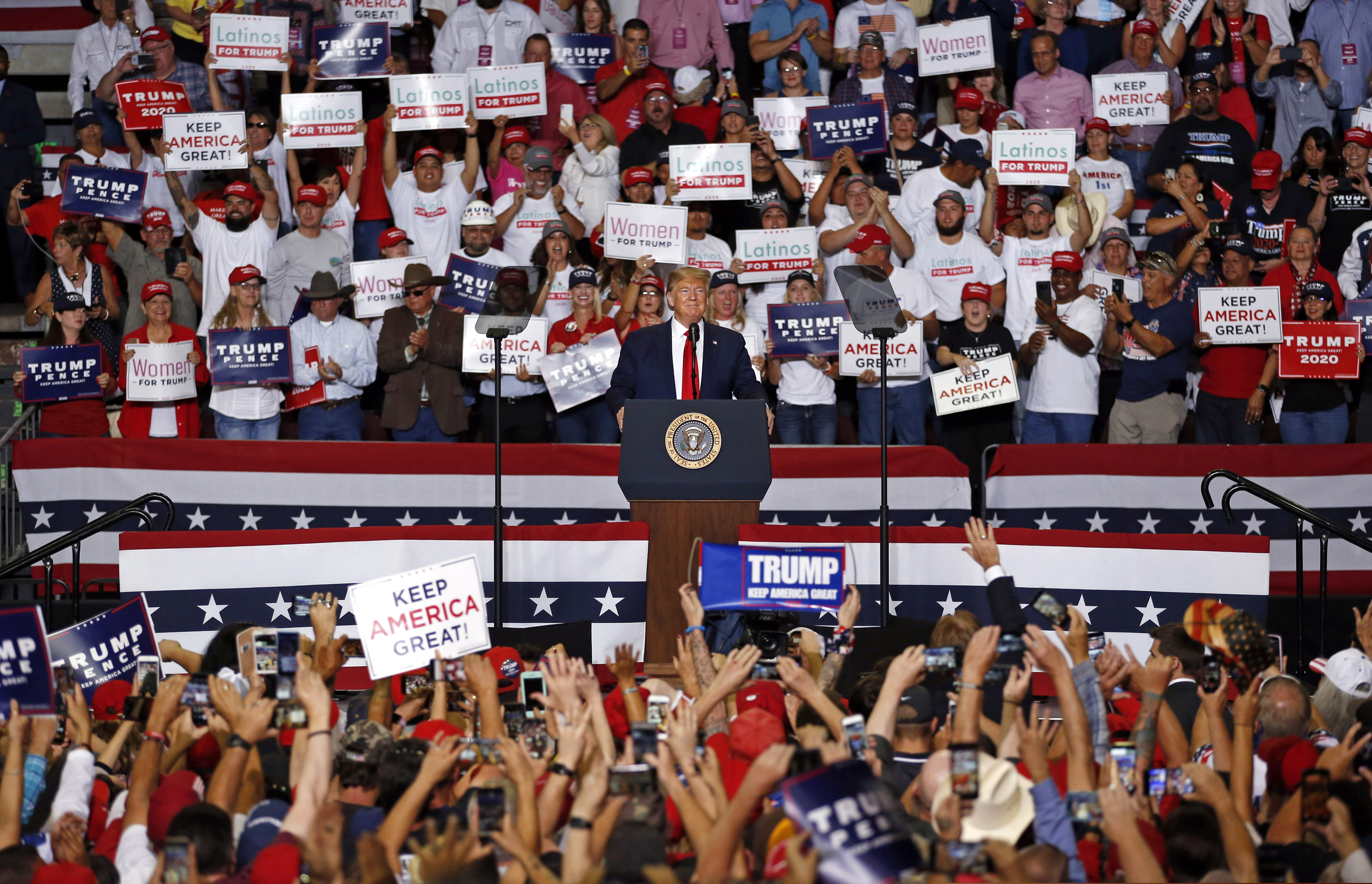 President Donald Trump speaks at a campaign rally at the Santa Ana Star Center, Monday, Sept. 16, 2019, in Rio Rancho, N.M. (AP Photo/Andres Leighton)