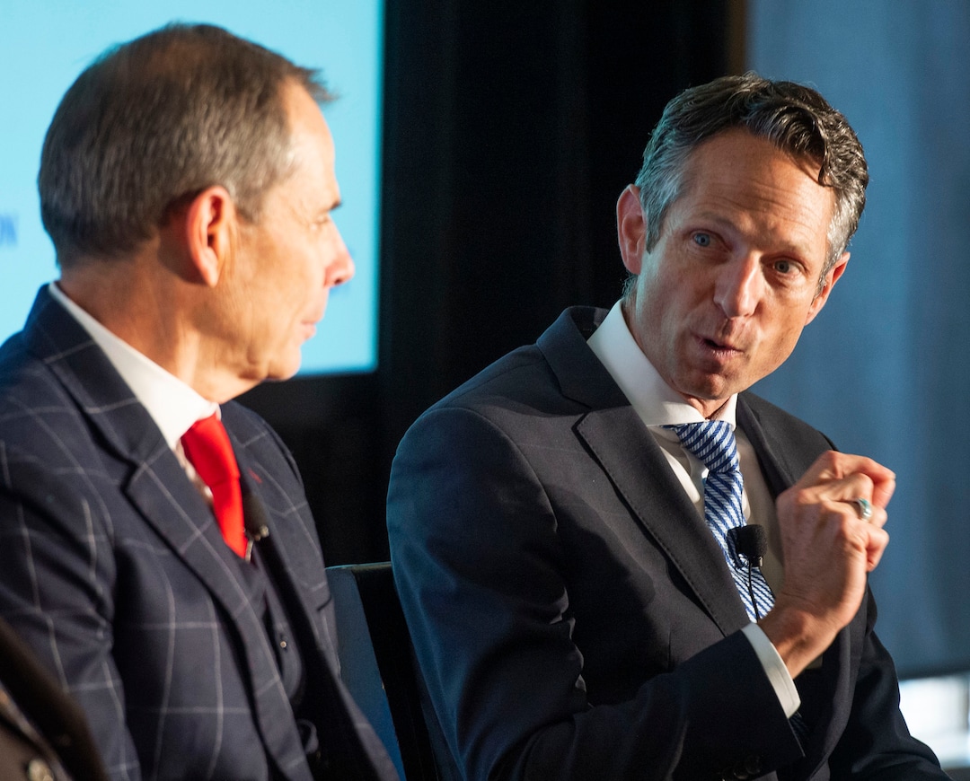 (Rick Egan  |  The Salt Lake Tribune)       Congressman John Curtis listens as Derek Miller, President and CEO of Salt Lake Chamber, makes a few comments during a forum on how American aid strengthens national security and creates opportunities for Utah businesses, sponsored by the U.S. Global Leadership Coalition, at Thanksgiving Point, Friday, April 5, 2019.